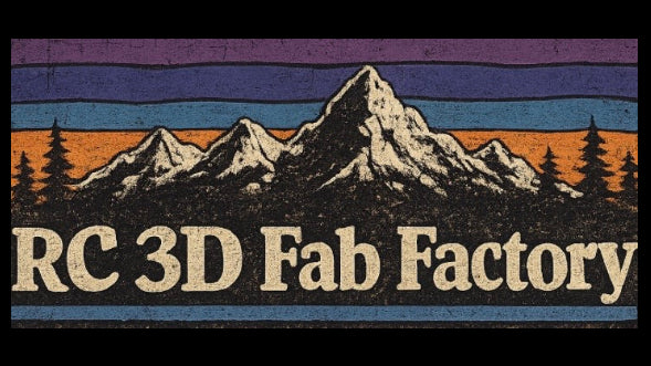 A graphic design featuring a stylized mountain landscape with snow-capped peaks, pine trees, and a sunset gradient sky, with the text 'RC 3D Fab Factory' across the bottom.